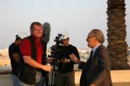 Bo Landin talking to architect I.M. Pei while shooting feature documentary about Pei and the museum of Islamic Art in Doha, Qatar, 2005